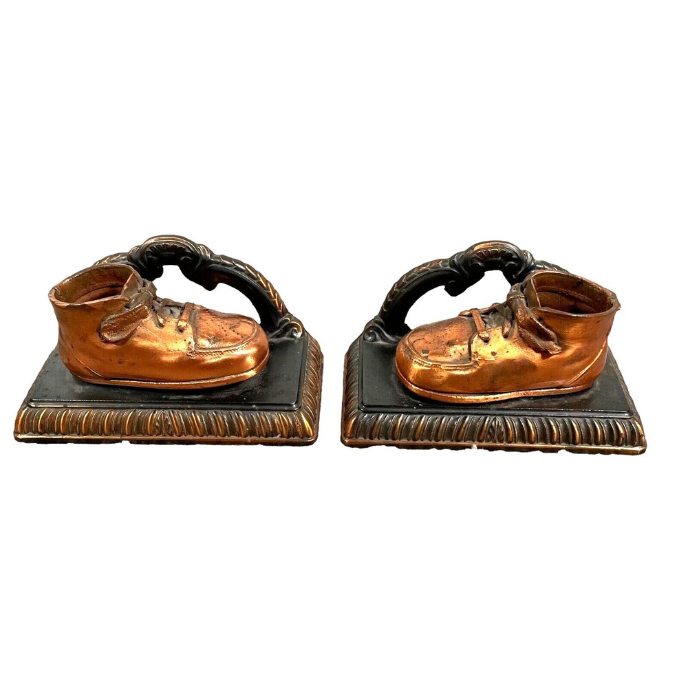 Bronze Baby Shoe Book Ends Brass Antique Contemporary Pair Old School HTF VTG